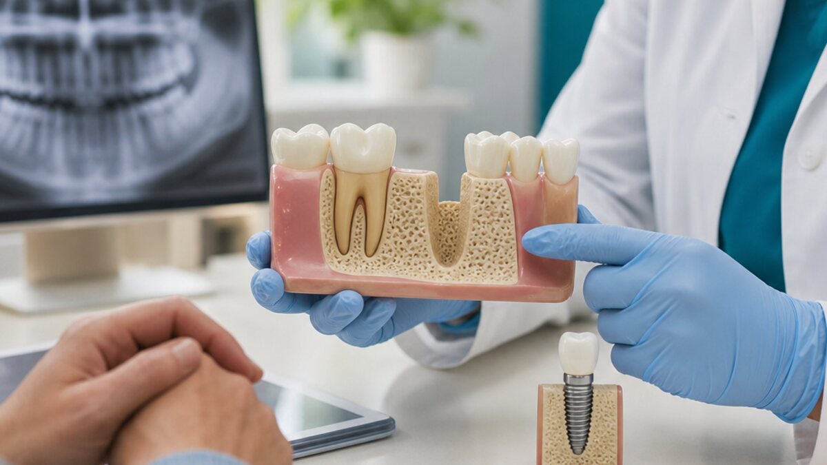 Dentist’s hands demonstrating implant planning with an educational jaw model.