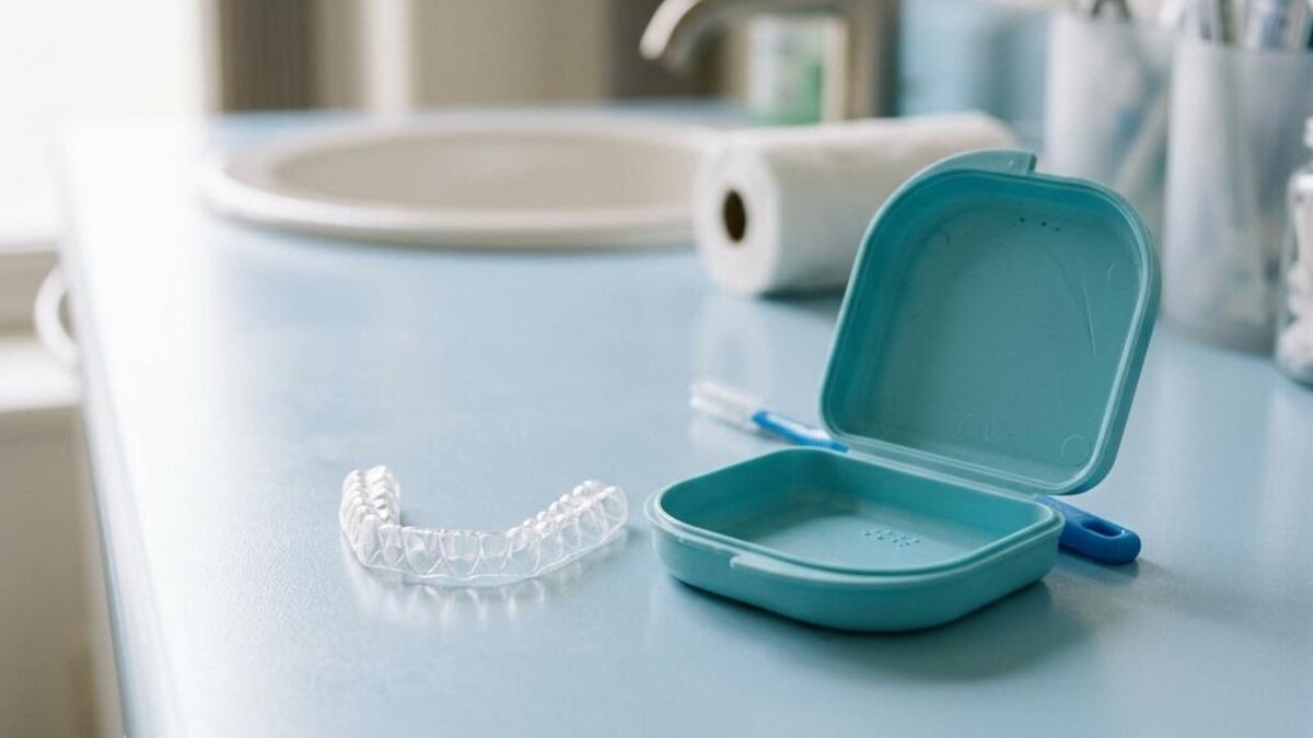 Transparante uitneembare orthodontische retainer naast een geopende turquoise beschermdoos op de balie van een kliniek.